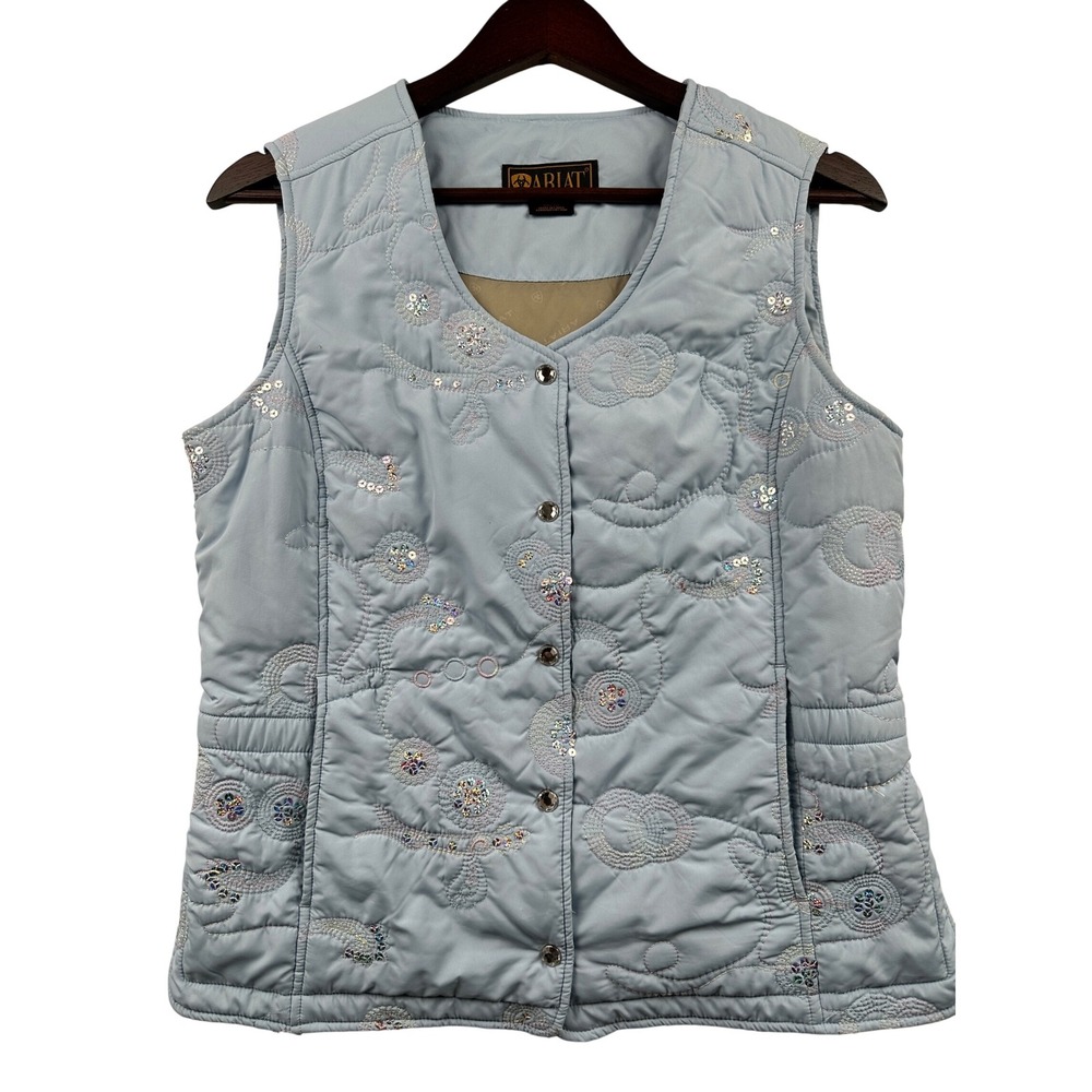 Ariat Puffer Sequined Vest Sz Medium Sleeveless Embroidered Pockets Pale Blue